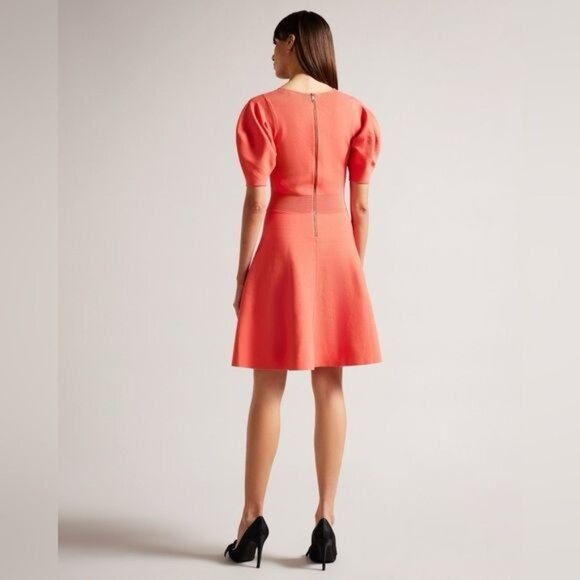 Coral Ted Baker Hayliy Puff Sleeve Skater‎ Dress in Coral Size Ted 3 / US 8 - Picture 3 of 16